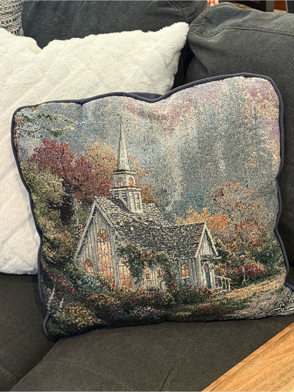 Vintage Thomas Kinkade Tapestry Accent Pillow 'The Forest Chapel' Square 15x15